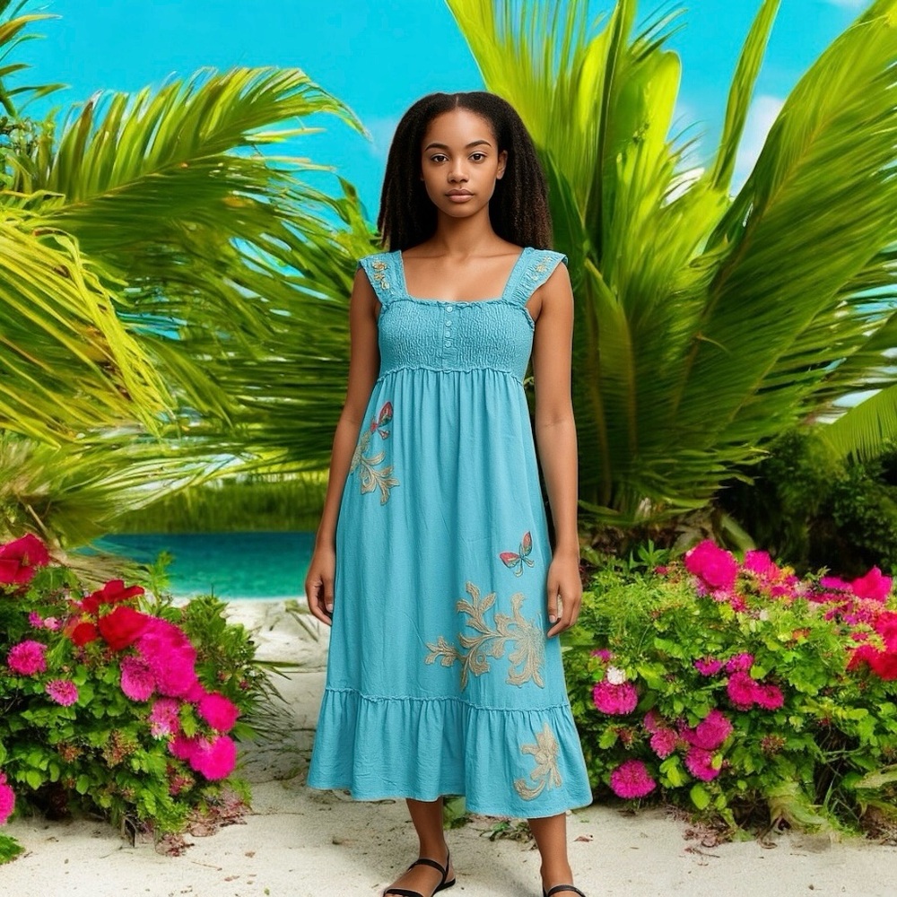 Johnny Was Vintage Blue Cotton Embroidered Midi Dress. Sleeveless Smock Dress